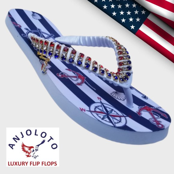 Women's Luxury nautical flip flops, with crystals and rhinestones, all occasions - Picture 13 of 17